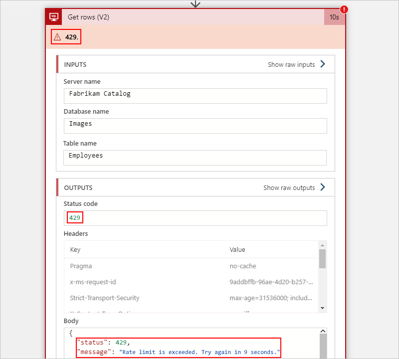 Screenshot showing a Consumption workflow with a SQL Server action that has a 429 error.