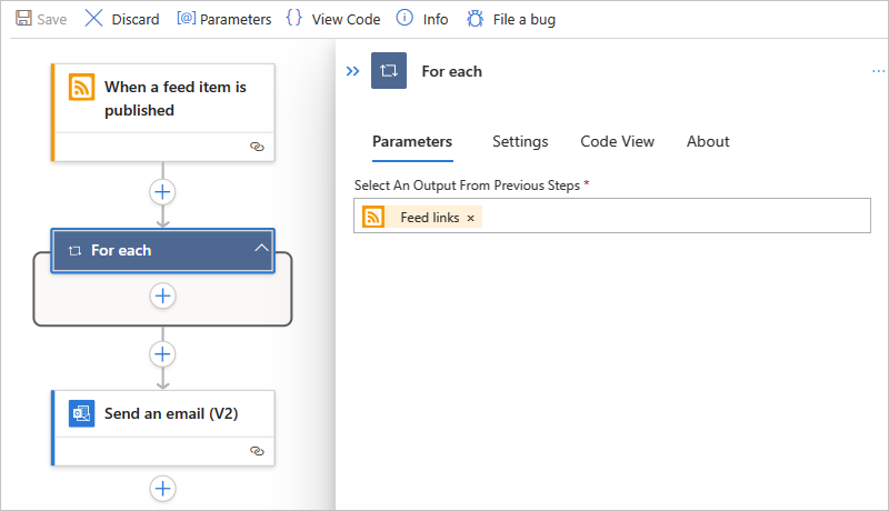 Screenshot shows Standard workflow, action named For each, and selected array output.