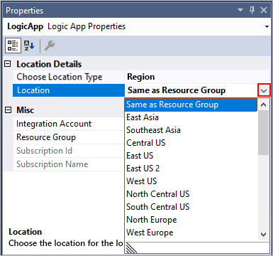 Screenshot shows open Location property list and another selected Azure region.