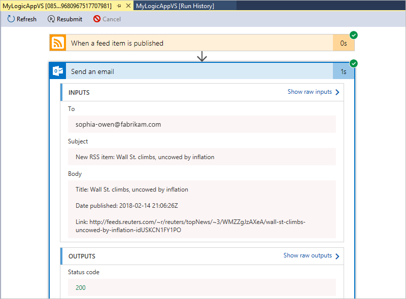 Screenshot shows how to view inputs and outputs for each step.