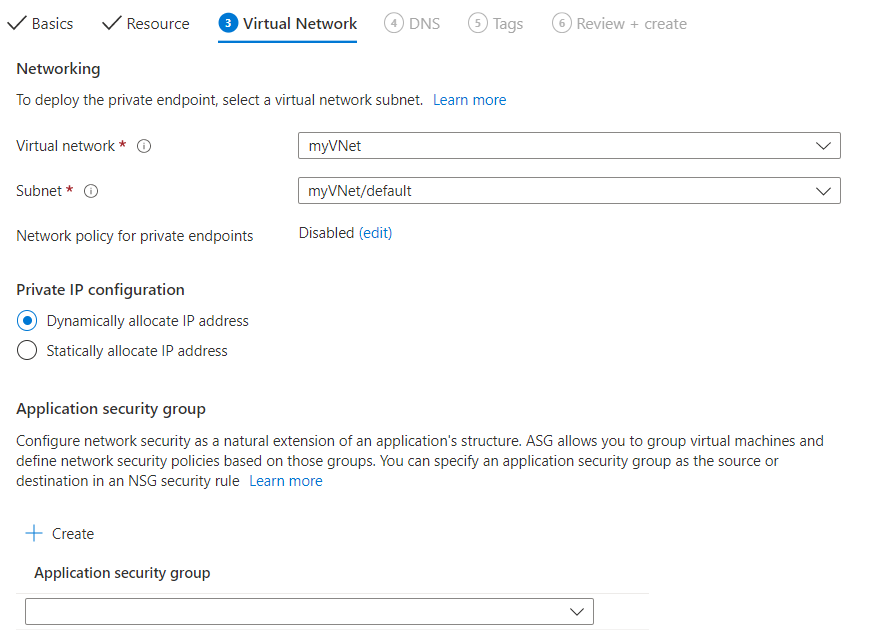 Screenshot of the Azure portal filling out virtual network tab.