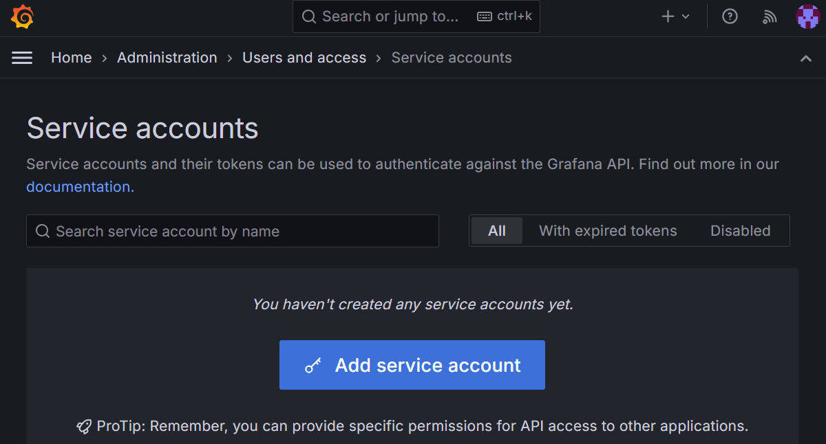 Screenshot of Grafana. Add service account page.