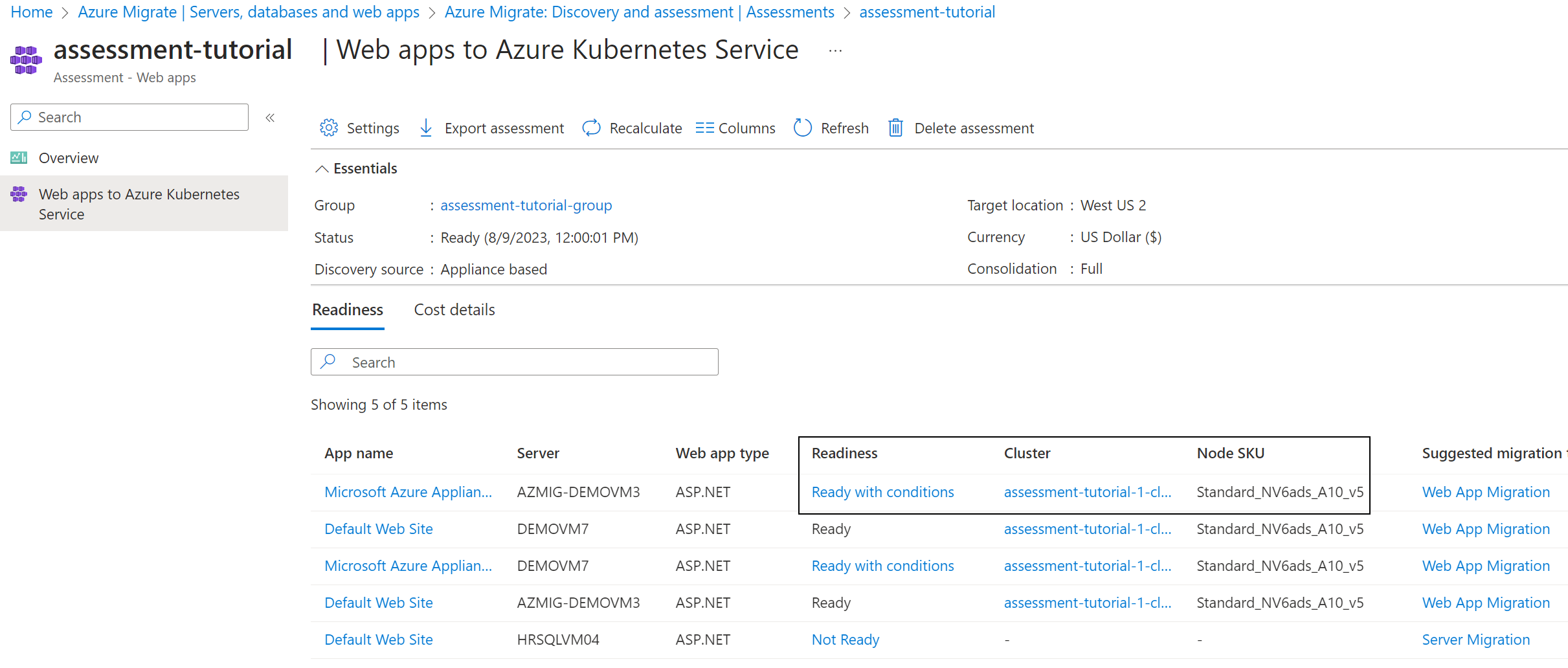 Screenshot of the readiness tab in the assessment details page.