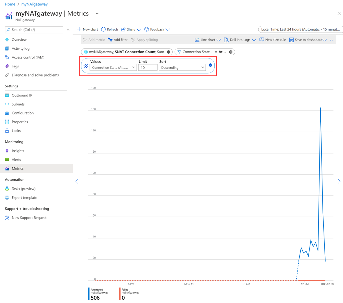 Screenshot of the metrics configuration.