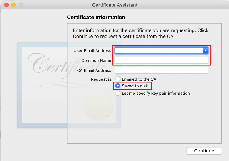 Screen shot of user interface displayed when selecting Request a Certificate from a Certificate Authority under Certificate Assistant.