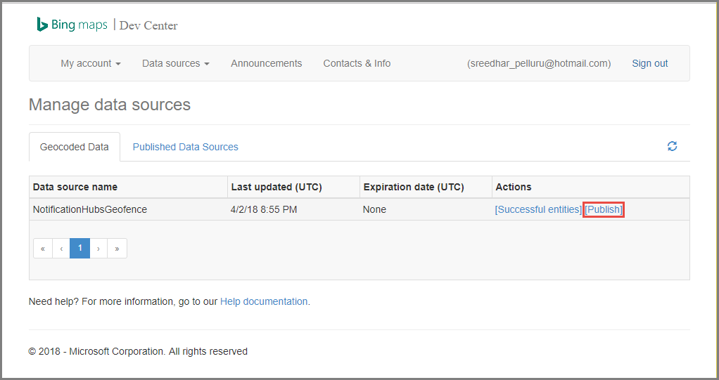 Screenshot of Bing Maps Dev Center on the Manage Data Sources page with the Geocoded Data tab selected and the Publish option outlined in red.