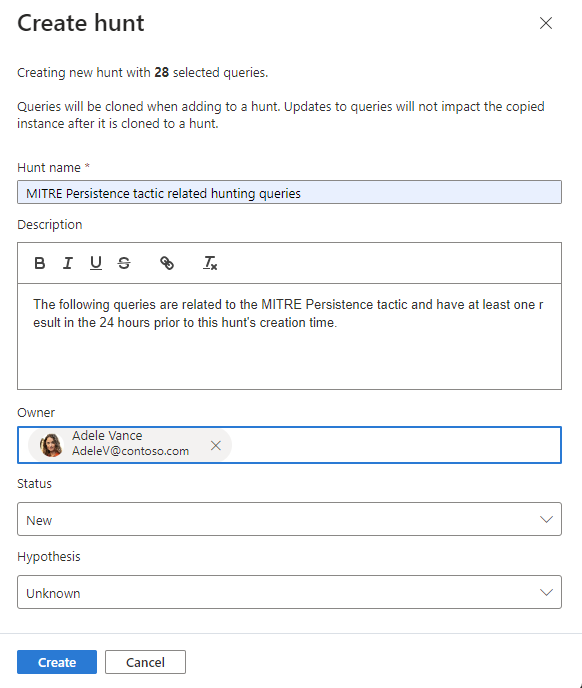 Screenshot shows the hunt creation page with Hunt name, description, owner, status, and hypothesis state.