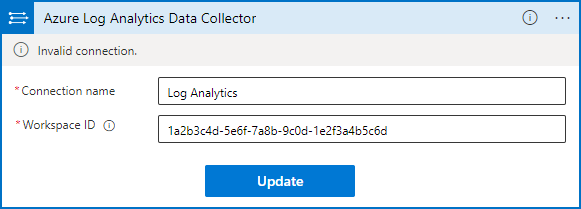 Screenshot shows how to enter Workspace ID and key and other connection details for Log Analytics.