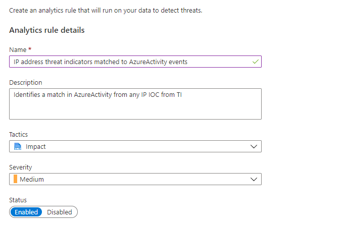 Screenshot that shows the Create analytics rule configuration wizard.