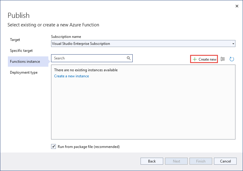 Screenshot showing the Add function button of the Visual Studio - Publish dialog box.