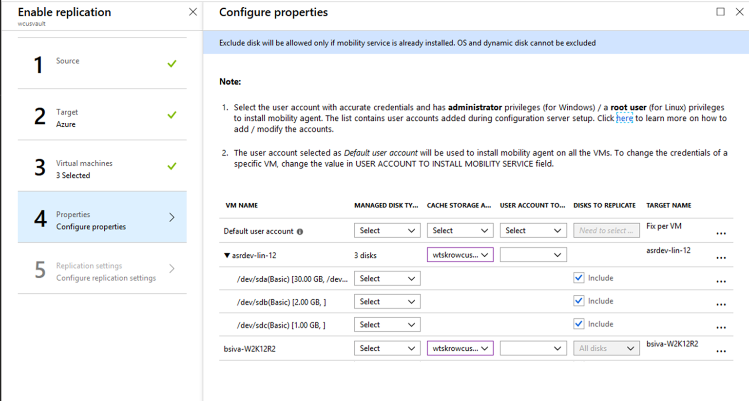 Enable replication configure properties window