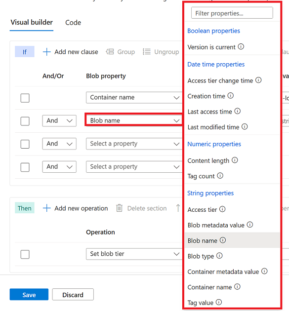 Screenshot of the property drop-down list of a clause.