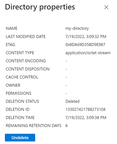 Screenshot showing properties of soft-deleted blob in Azure portal (hierarchical namespace enabled accounts).