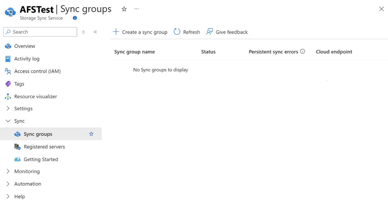 Screenshot of creating a new sync group in the Azure portal.