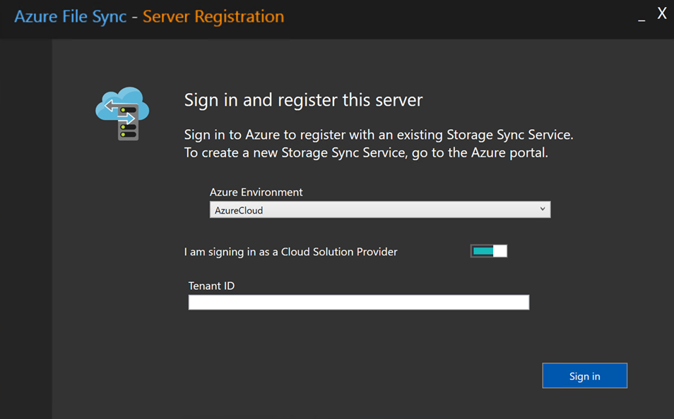 Screenshot of server registration UI Sign In Cloud Solution Provider.