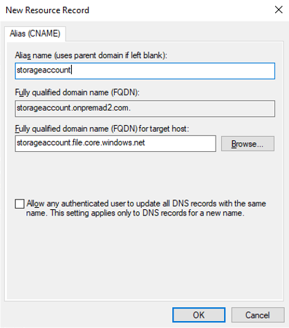 Screenshot showing how to add a CNAME record for suffix routing using Active Directory DNS Manager.