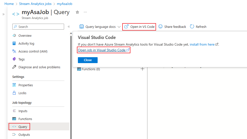 Open Stream Analytics job in Visual Studio Code