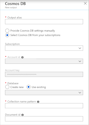 Screenshot that shows the information fields for an Azure Cosmos DB output stream.