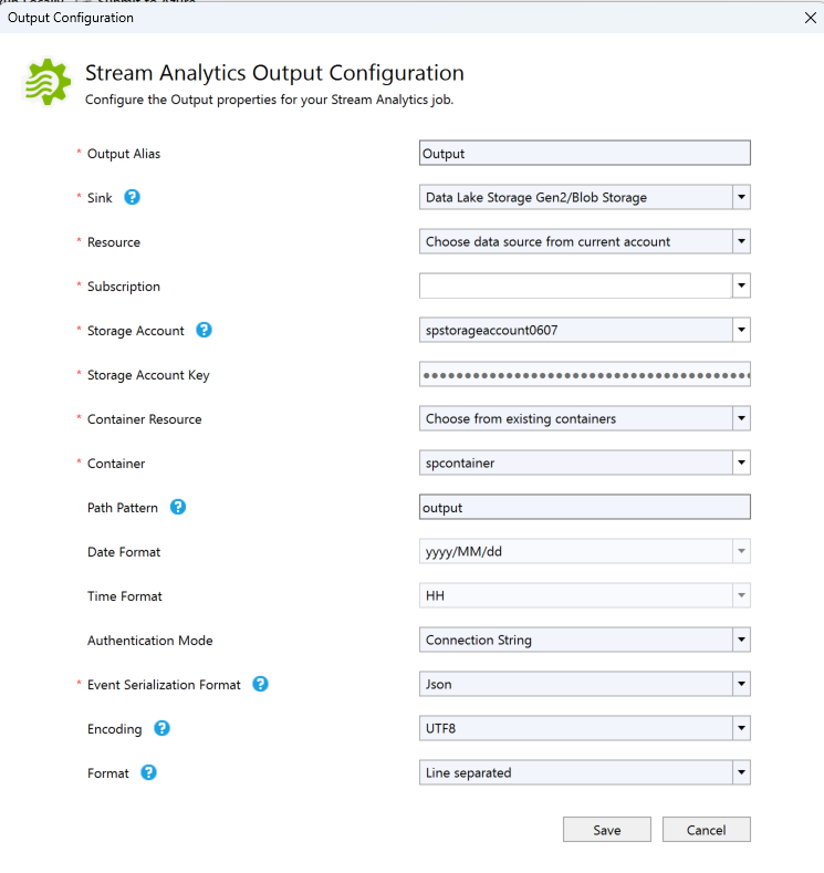 Screenshot showing the Stream Analytics Output Configuration page.