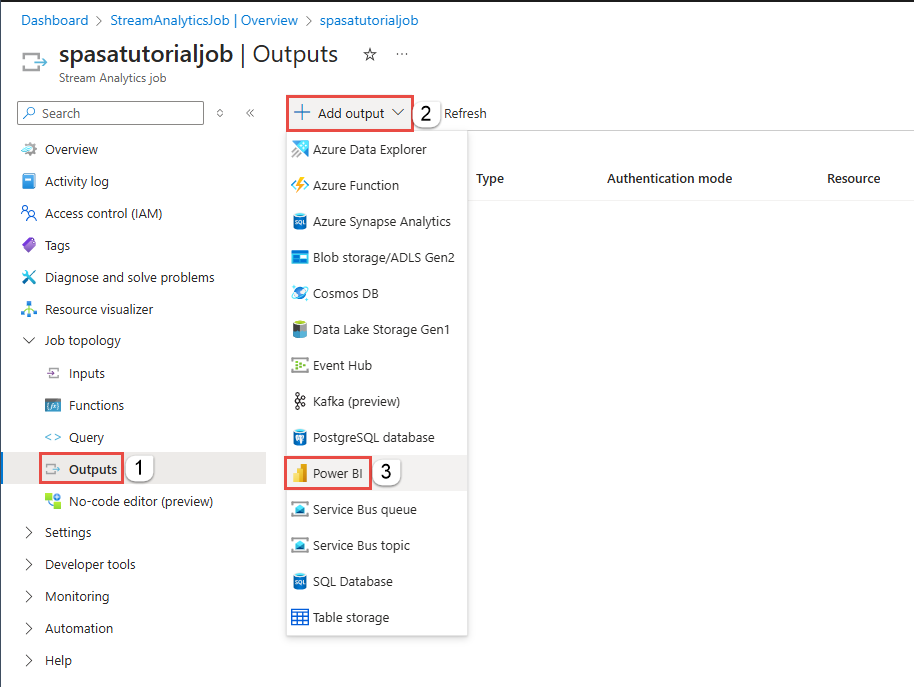 Screenshot that shows the Outputs page with Add output -> Power BI menu selected.