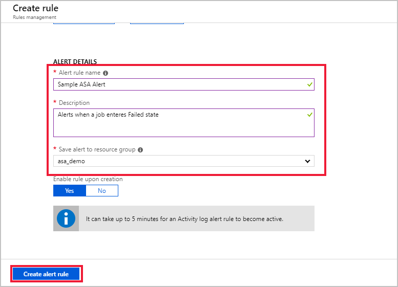 Screenshot shows the Create rule dialog box with ALERT DETAILS.