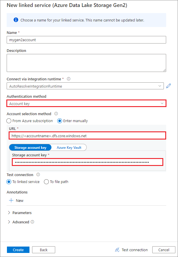 Screenshot of selections for creating a linked service by using an account key.