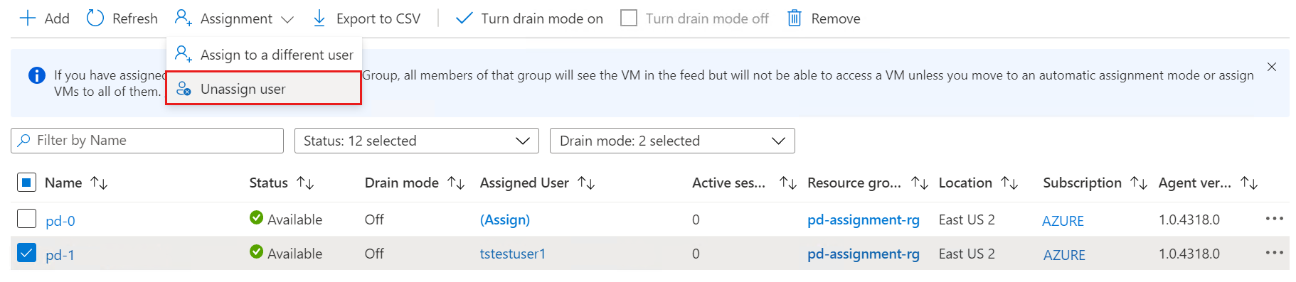 A screenshot of the unassign user menu option from the assignment menu for unassigning a personal desktop.