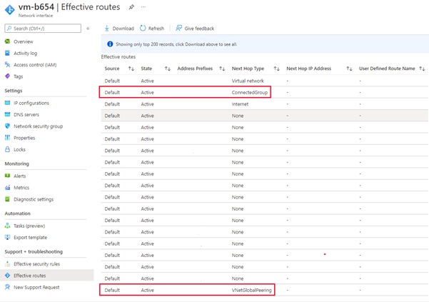 Screenshot of effective routes that shows connected groups and hub routes.