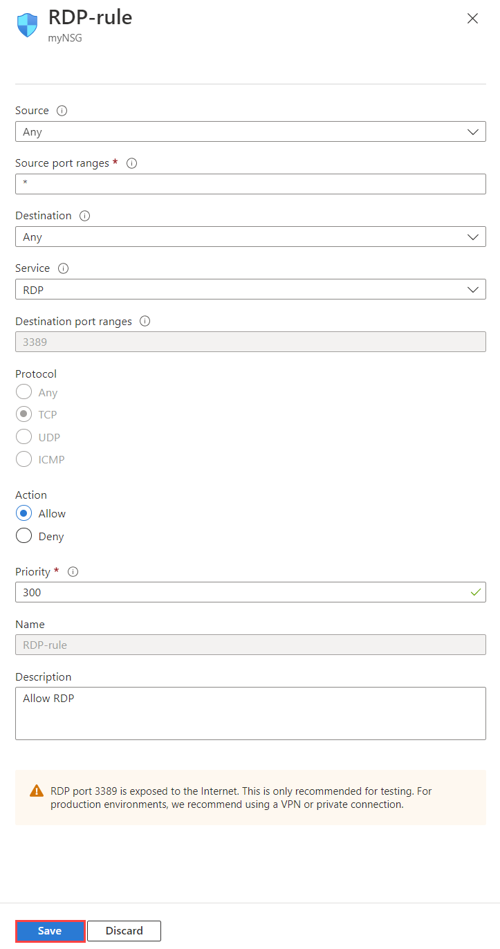 Screenshot that shows changing the inbound security rule details of a network security group in the Azure portal.