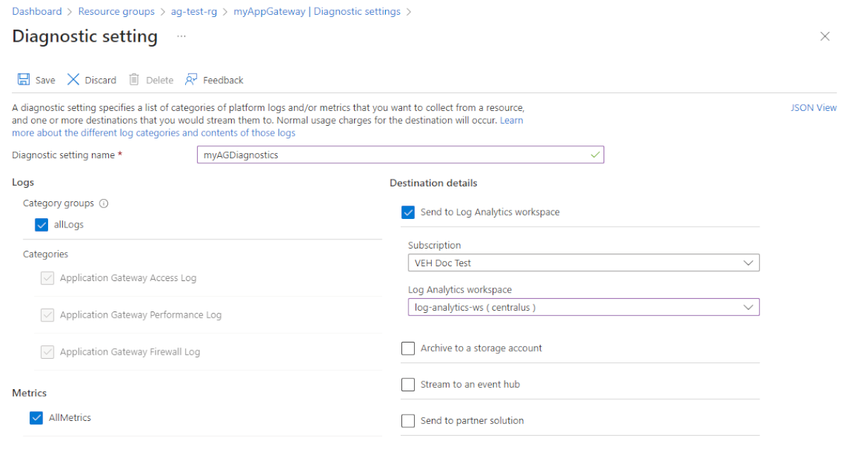 Screenshot showing Diagnostic settings.