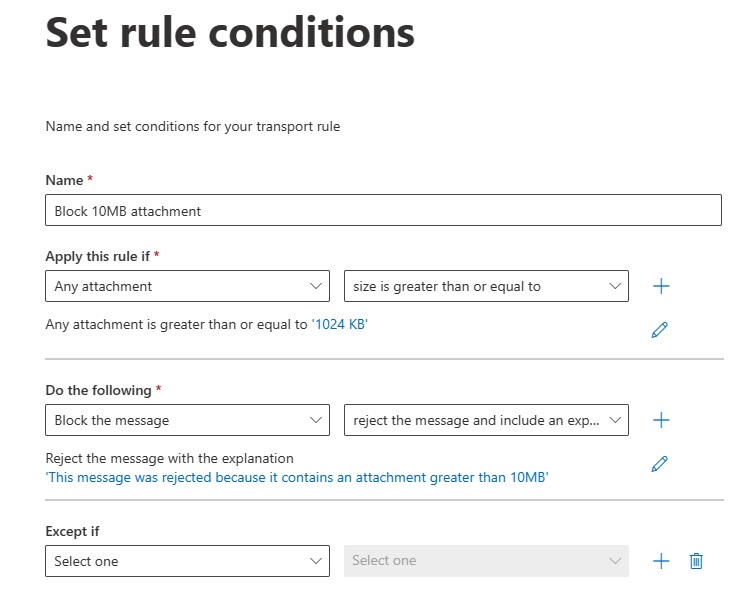 Screenshot of rule that blocks all attachments.