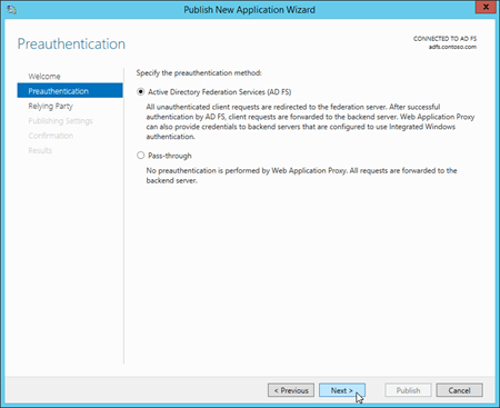 The Preauthentication page in the Publish New Application Wizard on the Web Application Proxy server.