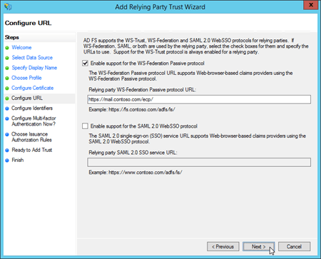 The settings for the EAC on the Configure URL page in the Add Relying Party Trust Wizard.