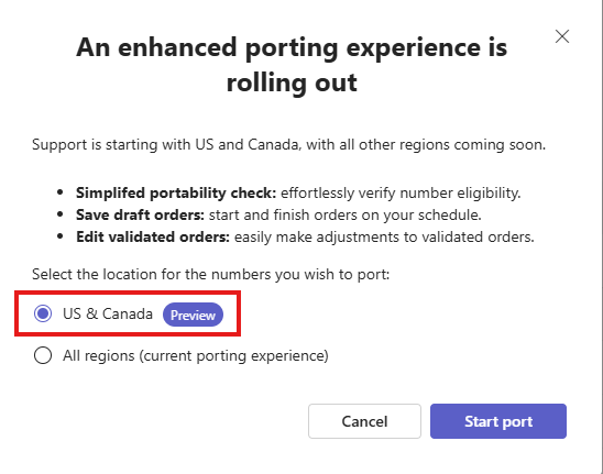 Screenshot that shows Teams admin center number port wizard for USA and Canada.