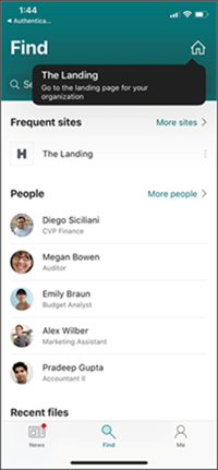 Screenshot of a SharePoint app viewing a SharePoint home site.