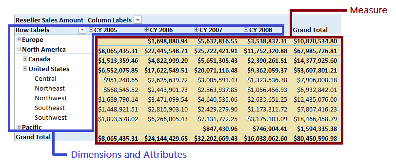 PivotTable with measures and dimensions called out