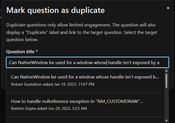 Screenshot of the duplicate question modal using the question title.