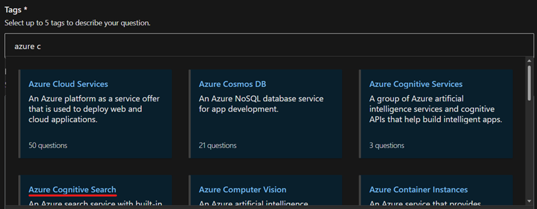 An example of searching for tags when asking a question with the letters Azure c.