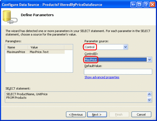 The MaxPrice TextBox s Text Property is Used as the Parameter Source