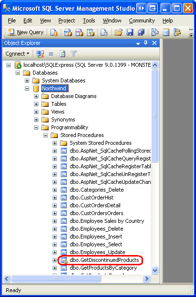 The GetDiscontinuedProducts Stored Procedure is Listed in the Stored Procedures Folder