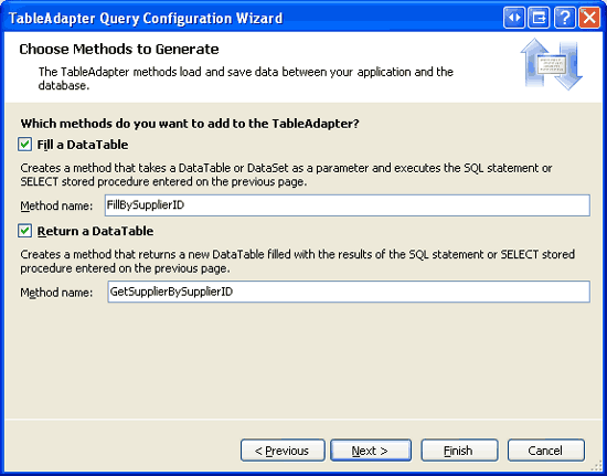 Name the TableAdapter Methods FillBySupplierID and GetSupplierBySupplierID