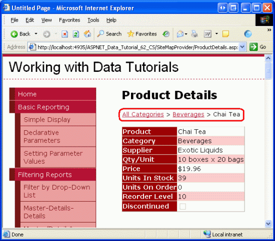 Screenshot showing how the breadcrumb displays the current site map section (Chai Tea) and its ancestors (Beverages and All Categories).