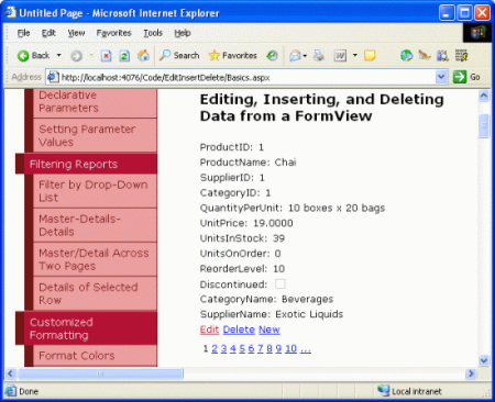 The Defaut FormView ItemTemplate Lists Each Product Field Along with New, Edit, and Delete Buttons