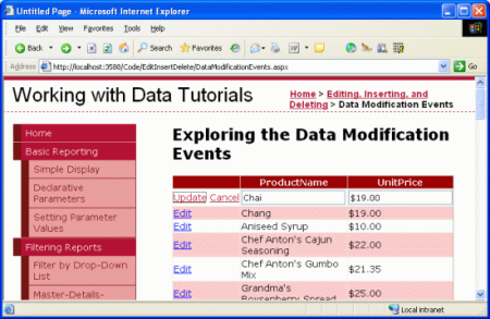 Screenshot of the GridView showing the edited row's UnitPrice value formatted as a currency.