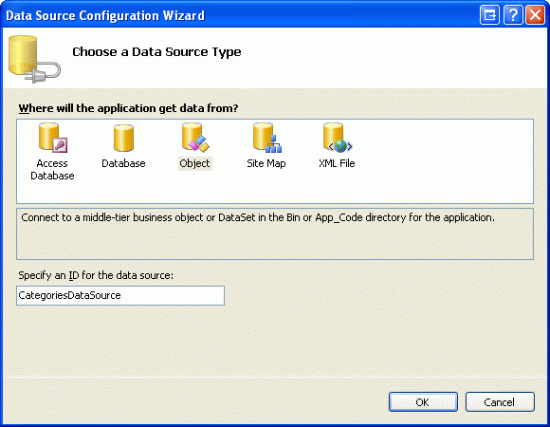 Create a New ObjectDataSource Named CategoriesDataSource