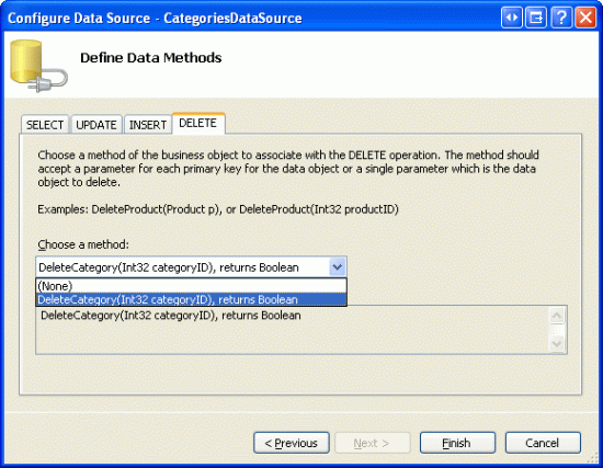 Configure the ObjectDataSource to Use the DeleteCategory Method