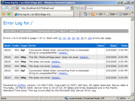 Screenshot that shows how the error log displays from a web page.