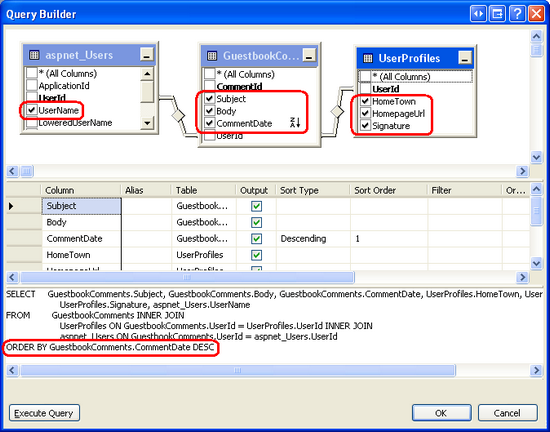 The Constructed Query JOINs the GuestbookComments, UserProfiles, and aspnet_Users Tables