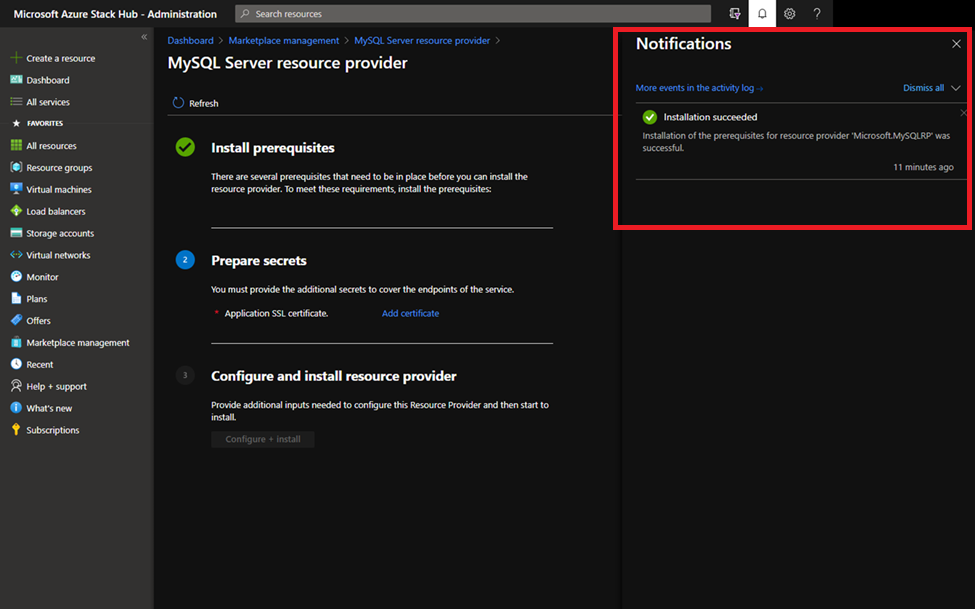 Screenshot of marketplace management install prerequisites succeeded.