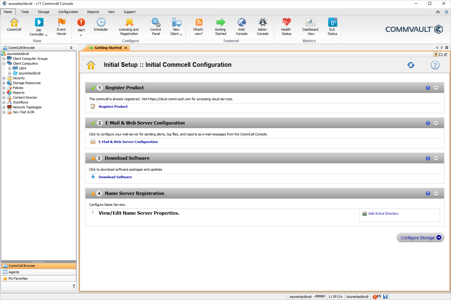 The Commcell console has a navigation pane on the left, titled Commcell Browser. The right pane shows a Getting Started tabbed page.